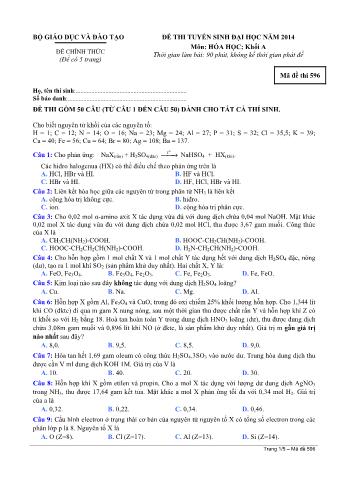 Đề thi tuyển sinh Đại học môn Hóa học - Khối A - Mã đề: 596 - Năm học 2014 (Có đáp án)