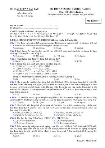 Đề thi tuyển sinh Đại học môn Hóa học - Khối A - Mã đề: 617 - Năm học 2013 (Có đáp án)