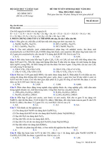 Đề thi tuyển sinh Đại học môn Hóa học - Khối A - Mã đề: 641 - Năm học 2011 (Có đáp án)