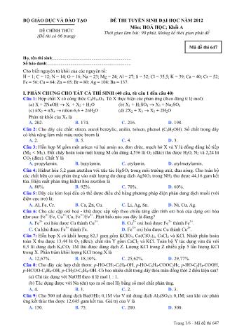 Đề thi tuyển sinh Đại học môn Hóa học - Khối A - Mã đề: 647 - Năm học 2012 (Có đáp án)