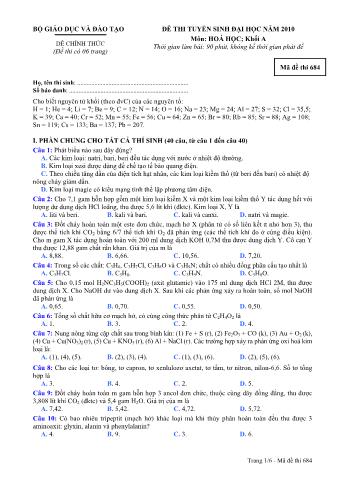 Đề thi tuyển sinh Đại học môn Hóa học - Khối A - Mã đề: 684 - Năm học 2010 (Có đáp án)