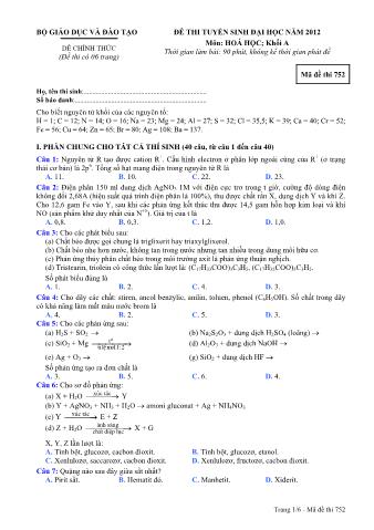 Đề thi tuyển sinh Đại học môn Hóa học - Khối A - Mã đề: 752 - Năm học 2012 (Có đáp án)