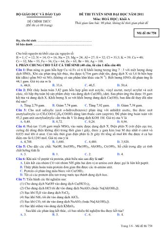 Đề thi tuyển sinh Đại học môn Hóa học - Khối A - Mã đề: 758 - Năm học 2011 (Có đáp án)
