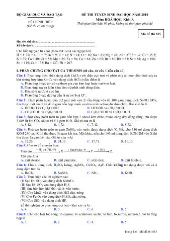 Đề thi tuyển sinh Đại học môn Hóa học - Khối A - Mã đề: 815 - Năm học 2010 (Có đáp án)