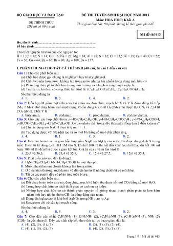 Đề thi tuyển sinh Đại học môn Hóa học - Khối A - Mã đề: 913 - Năm học 2012 (Có đáp án)