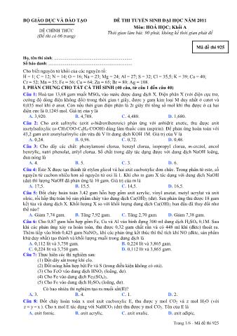 Đề thi tuyển sinh Đại học môn Hóa học - Khối A - Mã đề: 925 - Năm học 2010 (Có đáp án)