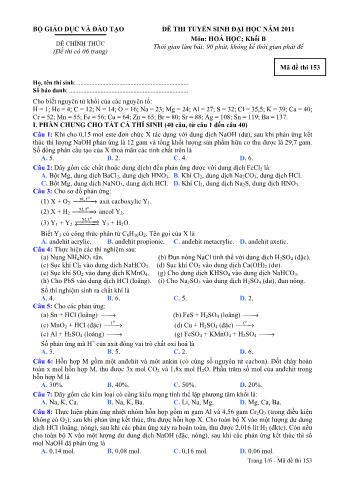Đề thi tuyển sinh Đại học môn Hóa học - Khối B - Mã đề: 153 - Năm học 2011 (Có đáp án)