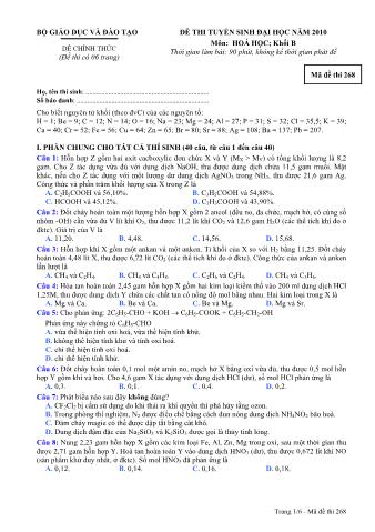 Đề thi tuyển sinh Đại học môn Hóa học - Khối B - Mã đề: 268 - Năm học 2010 (Có đáp án)