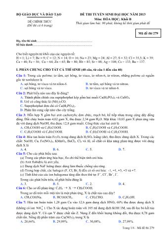 Đề thi tuyển sinh Đại học môn Hóa học - Khối B - Mã đề: 279 - Năm học 2013 (Có đáp án)