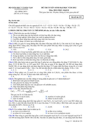 Đề thi tuyển sinh Đại học môn Hóa học - Khối B - Mã đề: 359 - Năm học 2012 (Có đáp án)