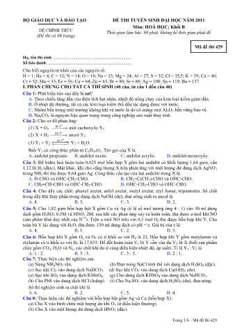 Đề thi tuyển sinh Đại học môn Hóa học - Khối B - Mã đề: 429 - Năm học 2011 (Có đáp án)