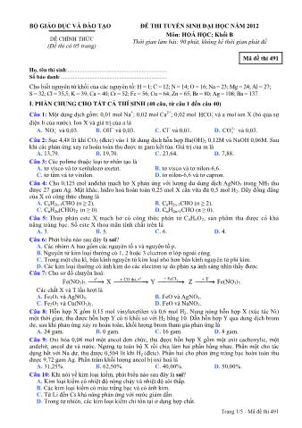 Đề thi tuyển sinh Đại học môn Hóa học - Khối B - Mã đề: 491 - Năm học 2012 (Có đáp án)