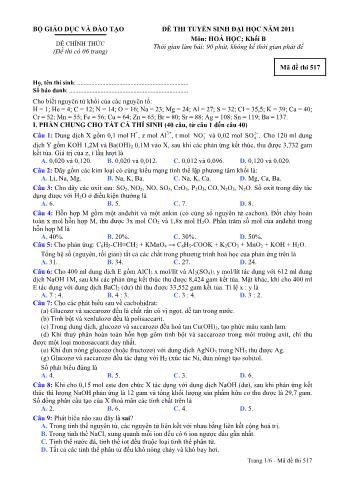 Đề thi tuyển sinh Đại học môn Hóa học - Khối B - Mã đề: 517 - Năm học 2011 (Có đáp án)