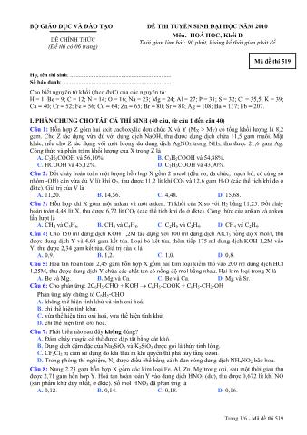Đề thi tuyển sinh Đại học môn Hóa học - Khối B - Mã đề: 519 - Năm học 2010 (Có đáp án)
