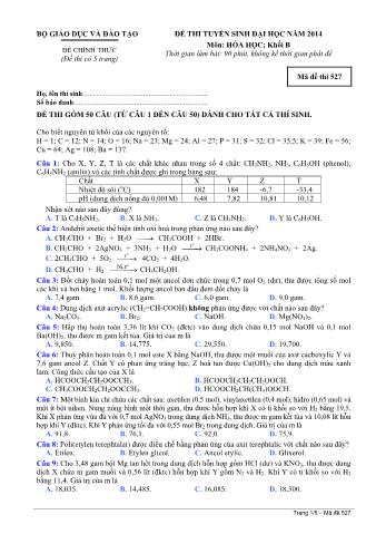 Đề thi tuyển sinh Đại học môn Hóa học - Khối B - Mã đề: 527 - Năm học 2014 (Có đáp án)