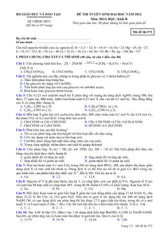 Đề thi tuyển sinh Đại học môn Hóa học - Khối B - Mã đề: 572 - Năm học 2012 (Có đáp án)