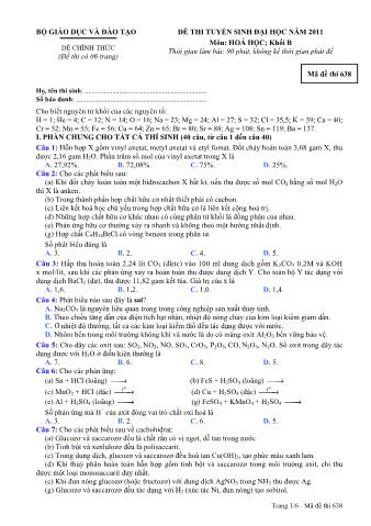 Đề thi tuyển sinh Đại học môn Hóa học - Khối B - Mã đề: 638 - Năm học 2011 (Có đáp án)