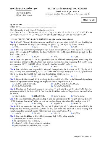 Đề thi tuyển sinh Đại học môn Hóa học - Khối B - Mã đề: 641 - Năm học 2010 (Có đáp án)