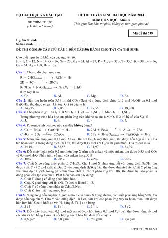 Đề thi tuyển sinh Đại học môn Hóa học - Khối B - Mã đề: 739 - Năm học 2014 (Có đáp án)