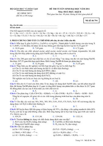 Đề thi tuyển sinh Đại học môn Hóa học - Khối B - Mã đề: 794 - Năm học 2011 (Có đáp án)