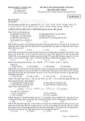 Đề thi tuyển sinh Đại học môn Hóa học - Khối B - Mã đề: 815 - Năm học 2012 (Có đáp án)