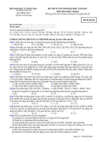 Đề thi tuyển sinh Đại học môn Hóa học - Khối B - Mã đề: 846 - Năm học 2011 (Có đáp án)