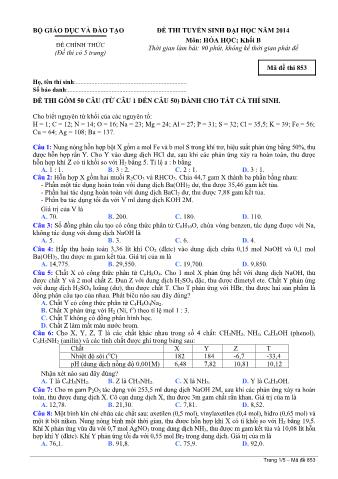 Đề thi tuyển sinh Đại học môn Hóa học - Khối B - Mã đề: 853 - Năm học 2014 (Có đáp án)