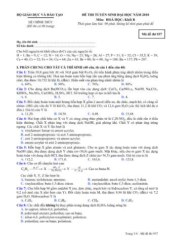 Đề thi tuyển sinh Đại học môn Hóa học - Khối B - Mã đề: 937 - Năm học 2010 (Có đáp án)