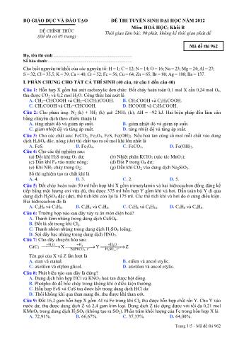 Đề thi tuyển sinh Đại học môn Hóa học - Khối B - Mã đề: 962 - Năm học 2012 (Có đáp án)