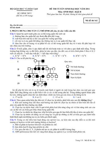 Đề thi tuyển sinh Đại học môn Sinh học - Khối B - Mã đề: 162 - Năm học 2011 (Có đáp án)