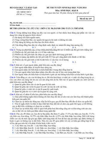 Đề thi tuyển sinh Đại học môn Sinh học - Khối B - Mã đề: 169 - Năm học 2014 (Có đáp án)
