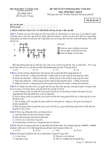 Đề thi tuyển sinh Đại học môn Sinh học - Khối B - Mã đề: 196 - Năm học 2013 (Có đáp án)