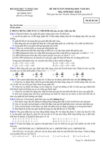 Đề thi tuyển sinh Đại học môn Sinh học - Khối B - Mã đề: 248 - Năm học 2011 (Có đáp án)