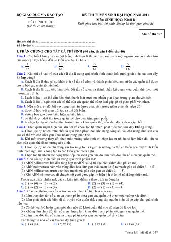 Đề thi tuyển sinh Đại học môn Sinh học - Khối B - Mã đề: 357 - Năm học 2011 (Có đáp án)