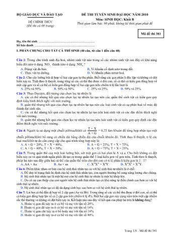 Đề thi tuyển sinh Đại học môn Sinh học - Khối B - Mã đề: 381 - Năm học 2010 (Có đáp án)