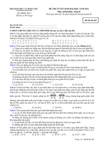Đề thi tuyển sinh Đại học môn Sinh học - Khối B - Mã đề: 469 - Năm học 2011 (Có đáp án)