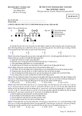 Đề thi tuyển sinh Đại học môn Sinh học - Khối B - Mã đề: 473 - Năm học 2010 (Có đáp án)