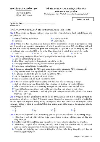 Đề thi tuyển sinh Đại học môn Sinh học - Khối B - Mã đề: 527 - Năm học 2012 (Có đáp án)
