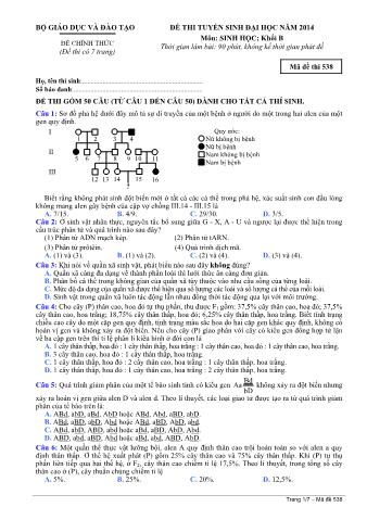 Đề thi tuyển sinh Đại học môn Sinh học - Khối B - Mã đề: 538 - Năm học 2014 (Có đáp án)