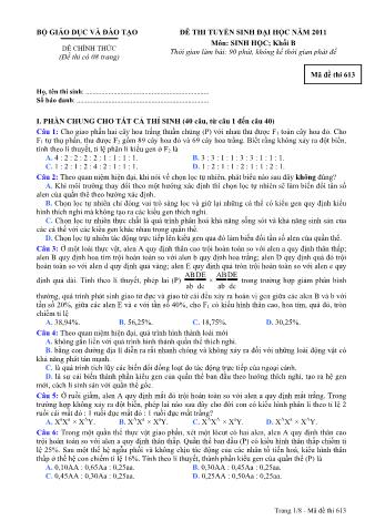Đề thi tuyển sinh Đại học môn Sinh học - Khối B - Mã đề: 613 - Năm học 2011 (Có đáp án)