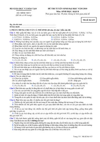 Đề thi tuyển sinh Đại học môn Sinh học - Khối B - Mã đề: 615 - Năm học 2010 (Có đáp án)