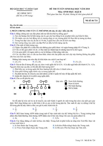 Đề thi tuyển sinh Đại học môn Sinh học - Khối B - Mã đề: 724 - Năm học 2010 (Có đáp án)
