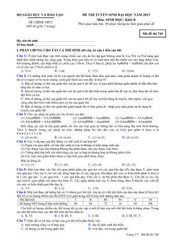 Đề thi tuyển sinh Đại học môn Sinh học - Khối B - Mã đề: 749 - Năm học 2013 (Có đáp án)