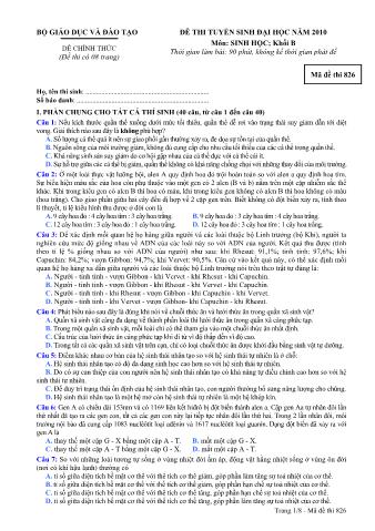 Đề thi tuyển sinh Đại học môn Sinh học - Khối B - Mã đề: 826 - Năm học 2010 (Có đáp án)
