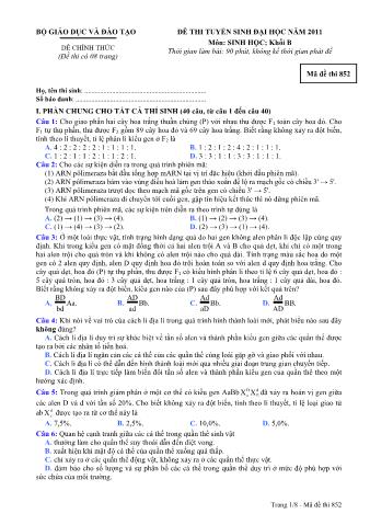 Đề thi tuyển sinh Đại học môn Sinh học - Khối B - Mã đề: 852 - Năm học 2011 (Có đáp án)