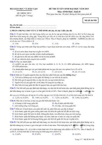 Đề thi tuyển sinh Đại học môn Sinh học - Khối B - Mã đề: 958 - Năm học 2013 (Có đáp án)