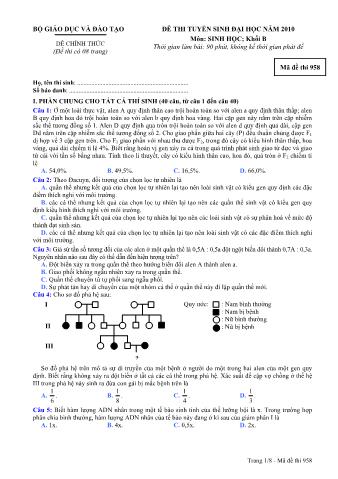 Đề thi tuyển sinh Đại học môn Sinh học - Khối B - Mã đề: 958 - Năm học 2010 (Có đáp án)