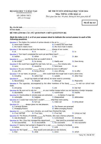 Đề thi tuyển sinh Đại học môn Tiếng Anh - Khối A1 - Mã đề: 163 - Năm học 2014 (Có đáp án)