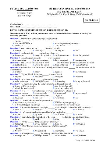 Đề thi tuyển sinh Đại học môn Tiếng Anh - Khối A1 - Mã đề: 248 - Năm học 2013 (Có đáp án)