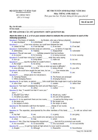 Đề thi tuyển sinh Đại học môn Tiếng Anh - Khối A1 - Mã đề: 285 - Năm học 2014 (Có đáp án)